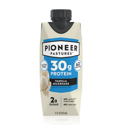 Pioneer Pastures vanilla milkshake protein package on a white background