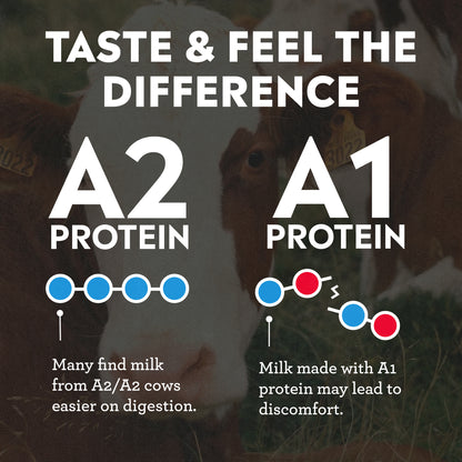 Comparison between A2 and A1 protein with text 'Taste & Feel the Difference' on a blurred background.