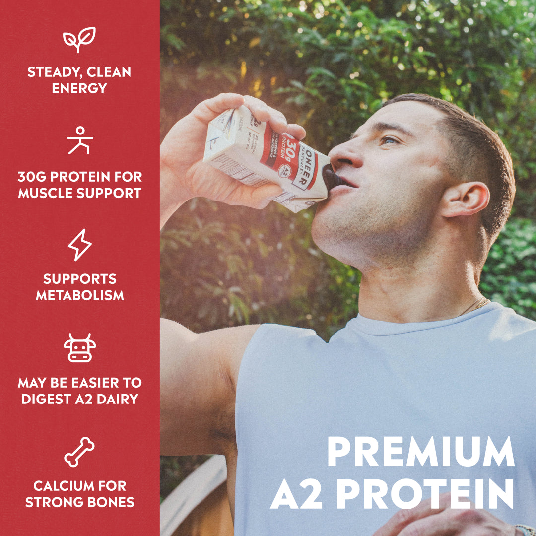 Man drinking a protein shake with text about protein benefits on a red background