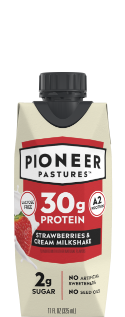 Pioneer Pastures strawberries and cream A2 ultra-filtered protein milkshake in an 11 oz bottle
